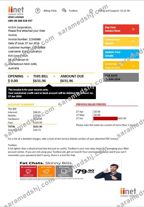 Australia iiNet utility bill template in Word and PDF format